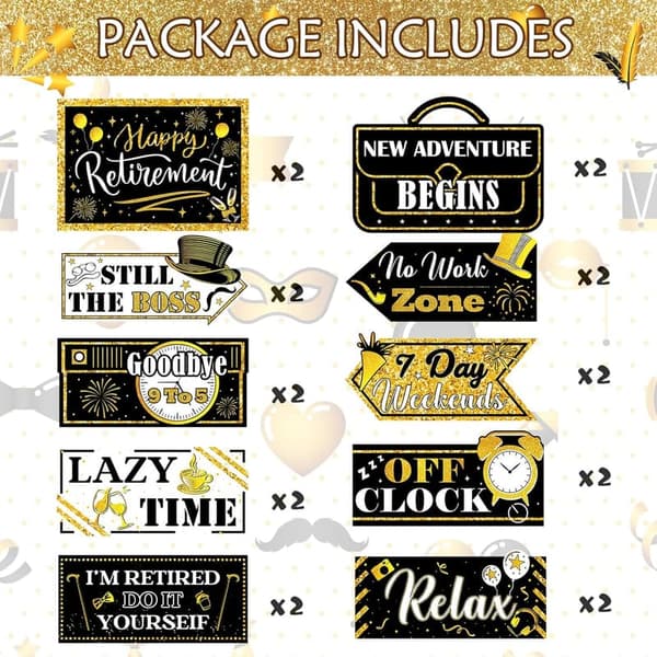 Happy Retirement Banner Set - 20 Black and Gold Decorations