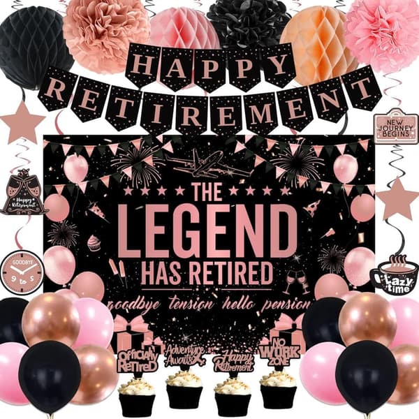 Rose Gold Black Retirement Party Decorations Set for Women, 54pcs