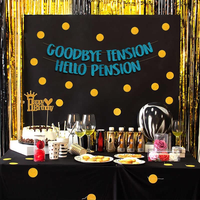 Retirement Party Teal Glitter Banner - Goodbye Tension Hello Pension