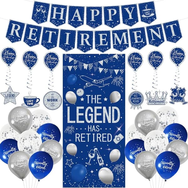 Happy Retirement Party Decorations Kit - Blue & Silver Banner & Balloons