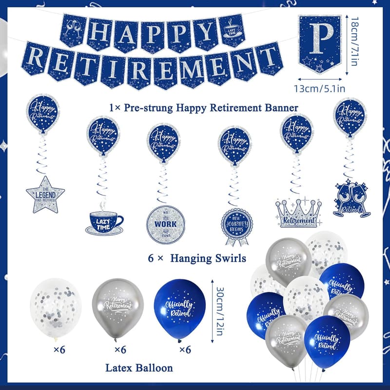 Happy Retirement Party Decorations Kit - Blue & Silver Banner & Balloons