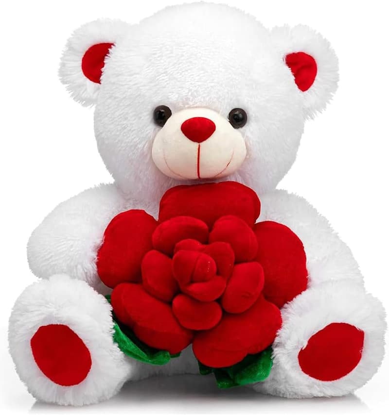 Plush Teddy Bear Holding Rose - 16-Inch Gift