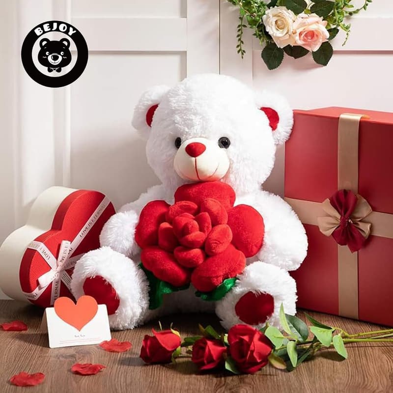 Plush Teddy Bear Holding Rose - 16-Inch Gift