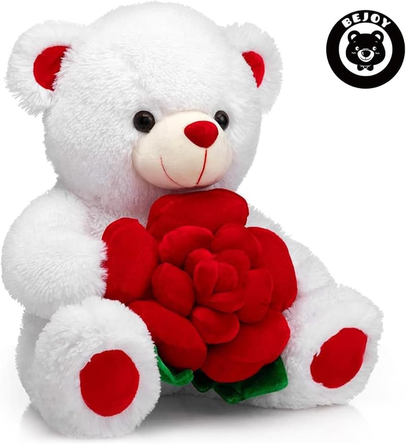 Plush Teddy Bear Holding Rose - 16-Inch Gift