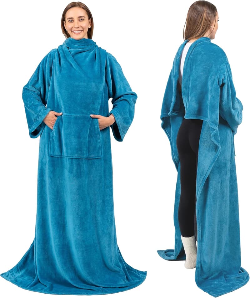 Wearable Fleece Blanket with Sleeves for Adults