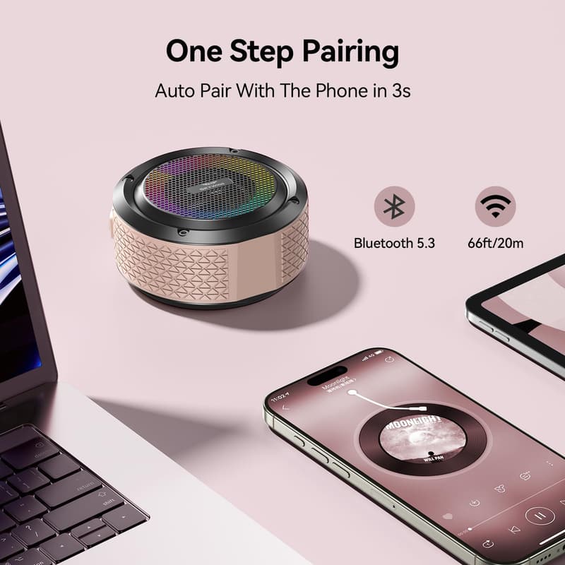 Waterproof Mini Bluetooth Shower Speaker with Lights (Pink)