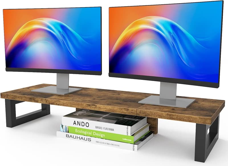 Dual Monitor Stand Riser with Wood and Steel, Multi-Purpose