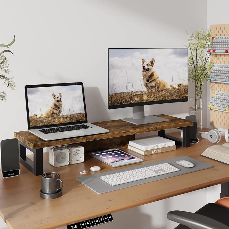 Dual Monitor Stand Riser with Wood and Steel, Multi-Purpose