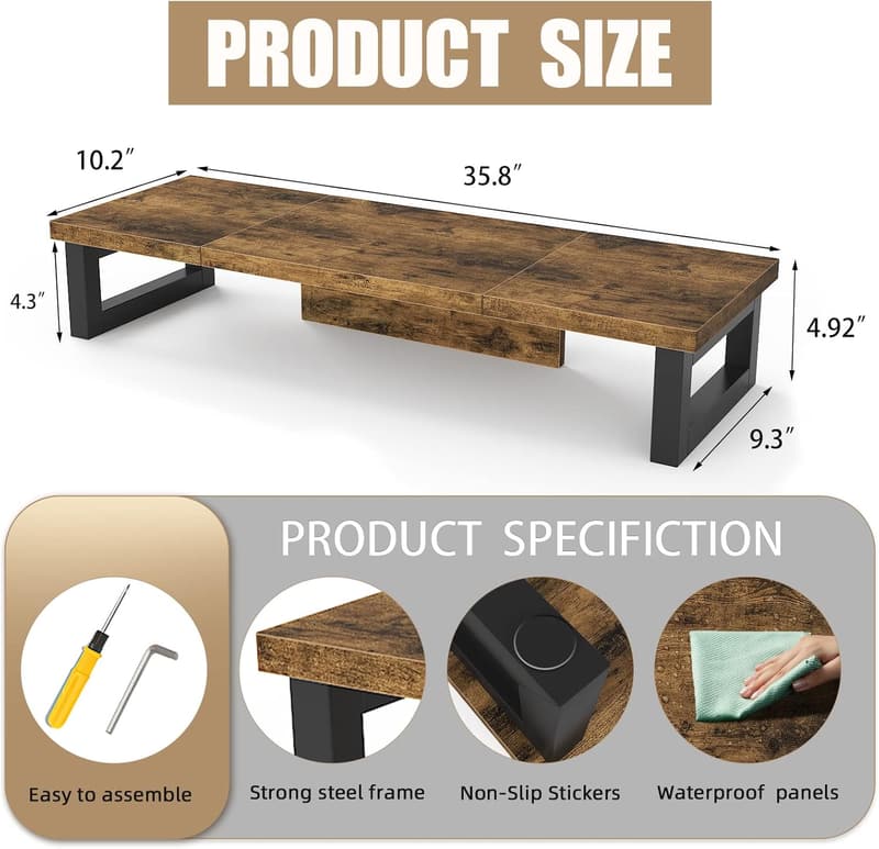 Dual Monitor Stand Riser with Wood and Steel, Multi-Purpose