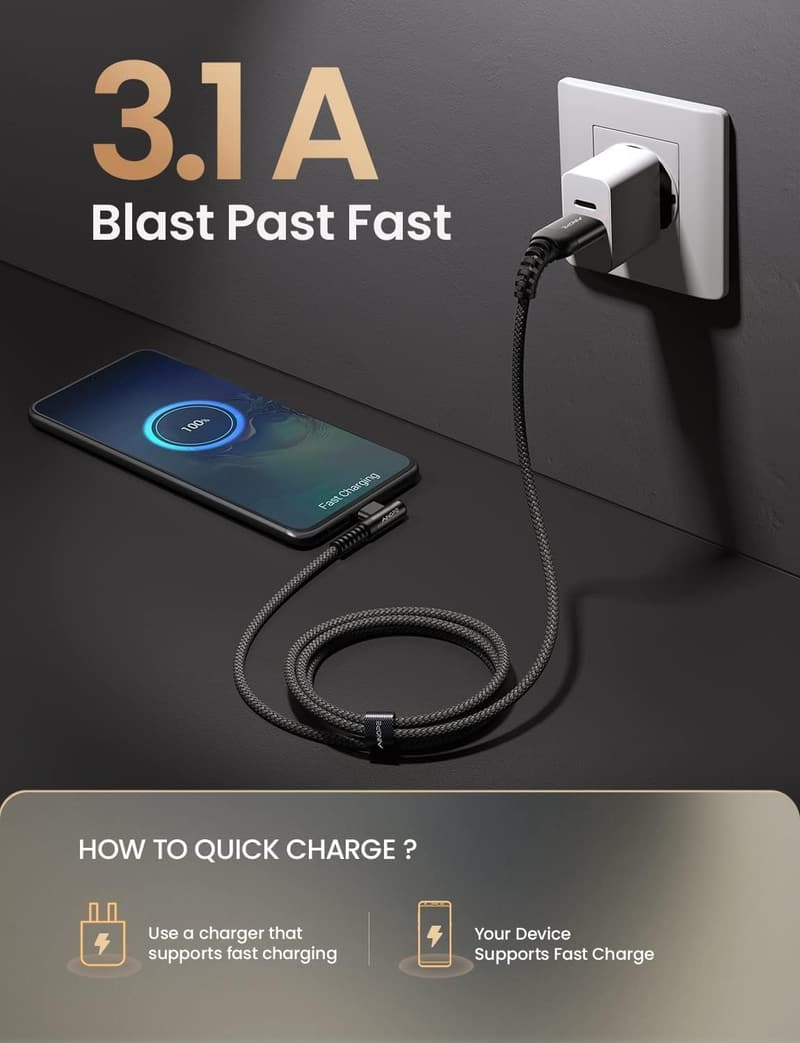 Fast Charging USB Type-C Cable Set, Nylon Braided – 3-Pack