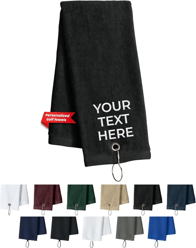 Personalized Golf Towel with Name Embroidery - Trifold Clip Towel