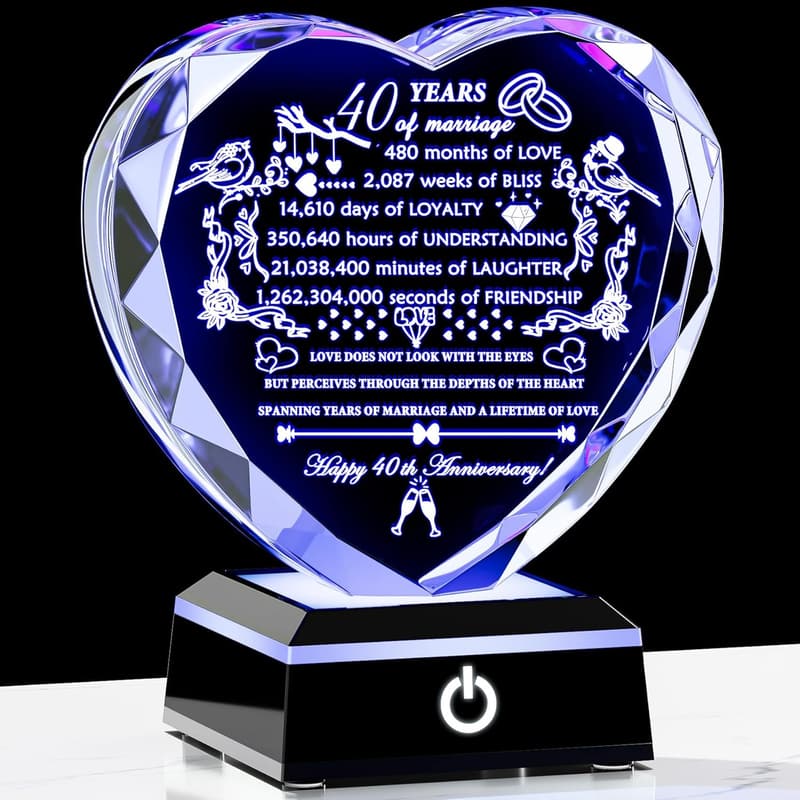 40th Anniversary Engraved Crystal Heart Keepsake for Couples