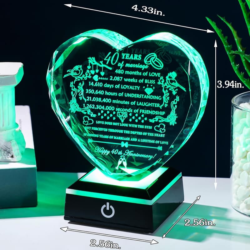 40th Anniversary Engraved Crystal Heart Keepsake for Couples