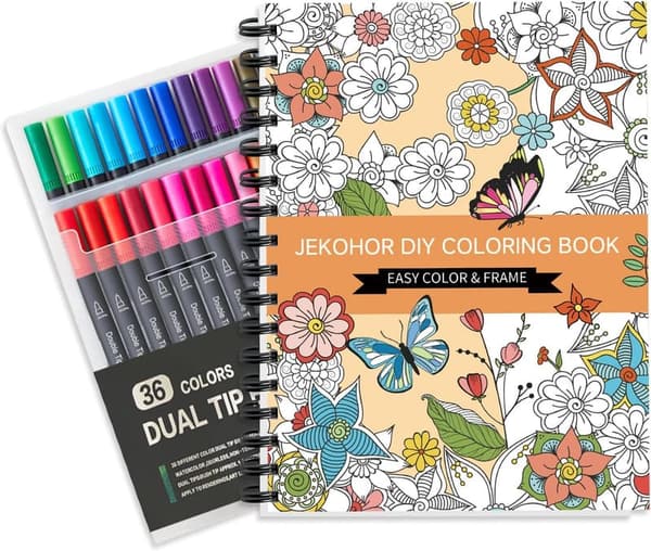 Spiral Bound Adult Coloring Book Set with 36 Markers
