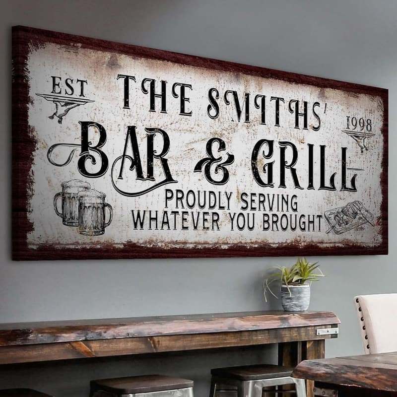 Custom Bar Sign Canvas Art for Man Cave & Cucina - 20x10in