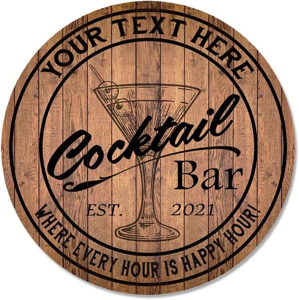 Personalized Round Wood Cocktail Bar Sign for Home Bar