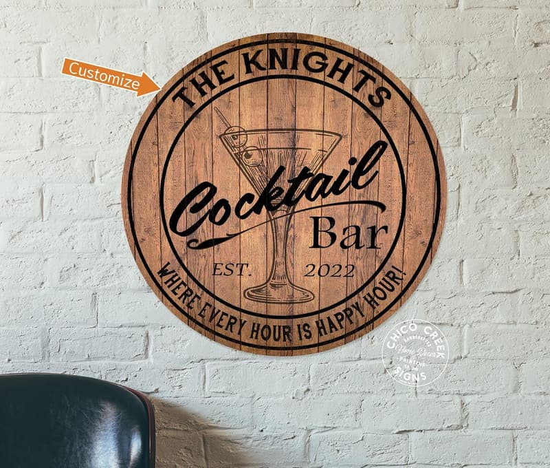 Personalized Round Wood Cocktail Bar Sign for Home Bar