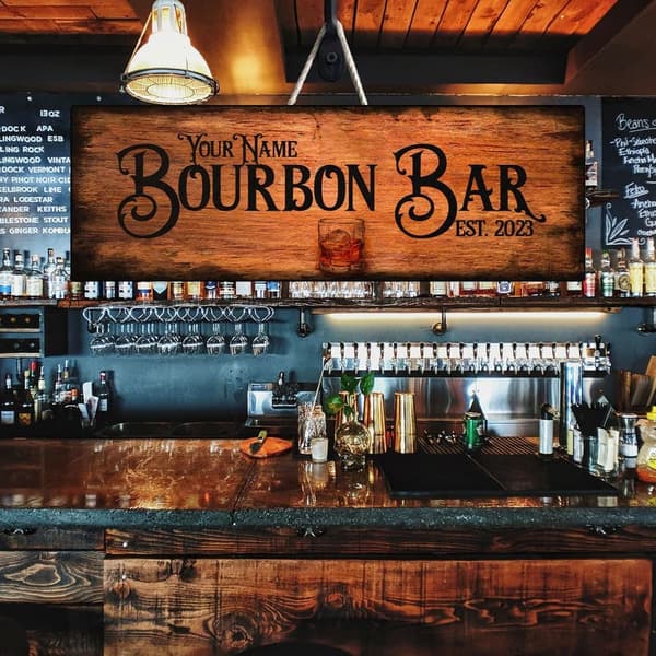 Custom Rustic Wood Bourbon Bar Sign for Man Cave Decor