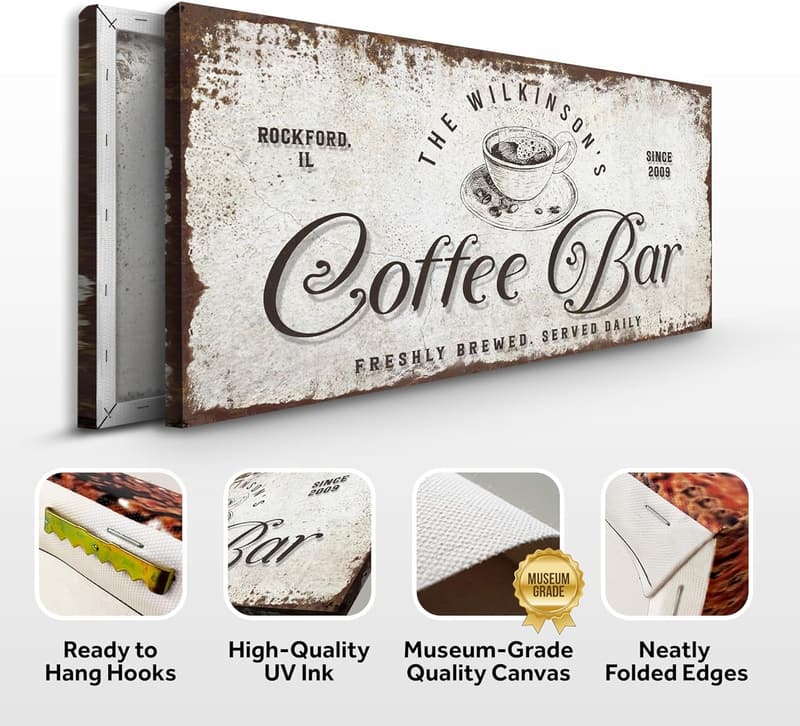 Personalized Rustic Coffee Bar Canvas Wall Art, 20x10in
