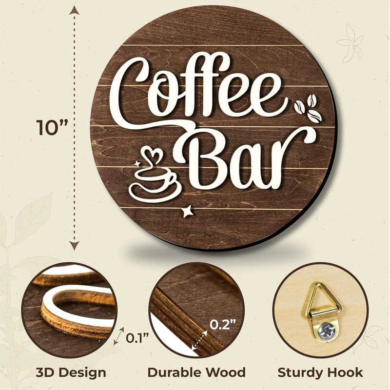 Vintage Coffee Bar Sign - 10'' Wall Decor for Kitchen