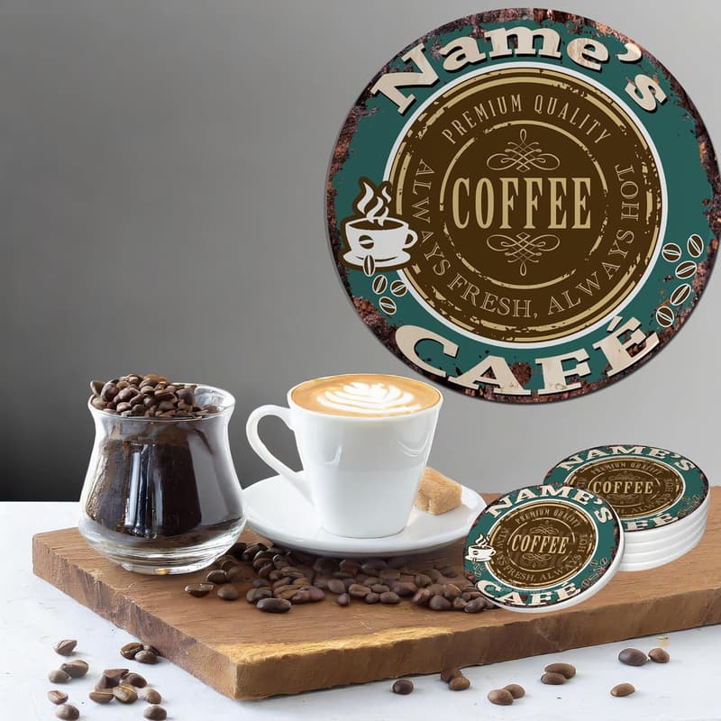 Personalized Rustic Coffee Shop Coaster for Home Bar Decor