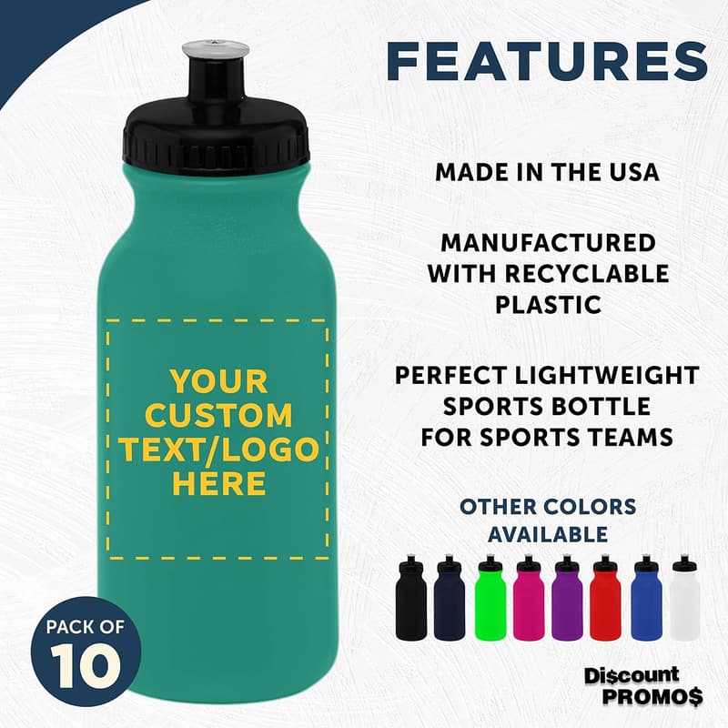 Personalized 20 oz. Water Bottles - Set of 10, Teal