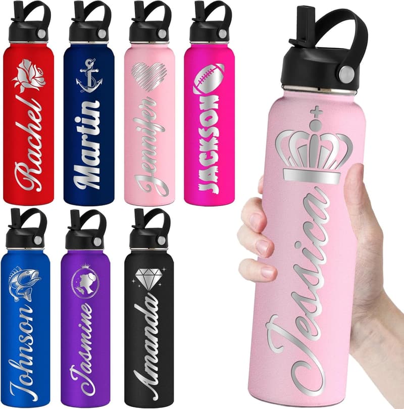 Custom Engraved 24oz Pink Water Bottle with Straw
