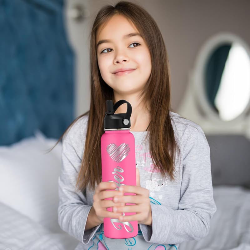 Custom Engraved 24oz Pink Water Bottle with Straw