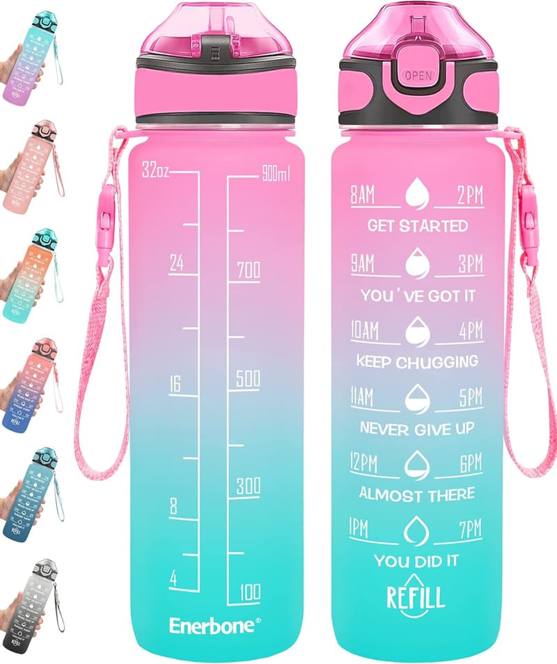 Motivational 32 oz Water Bottle with Straw and Carry Strap