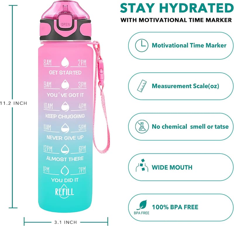 Motivational 32 oz Water Bottle with Straw and Carry Strap