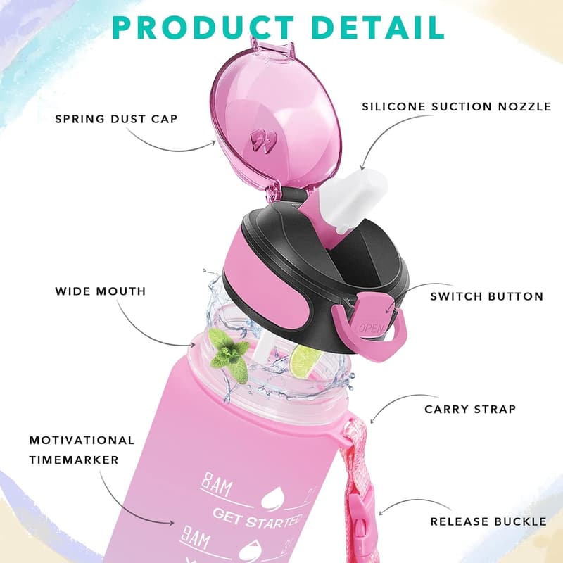 Motivational 32 oz Water Bottle with Straw and Carry Strap