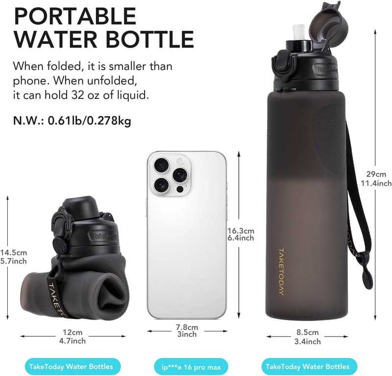Collapsible 32oz Travel Water Bottle - BPA-Free Silicone, Leakproof
