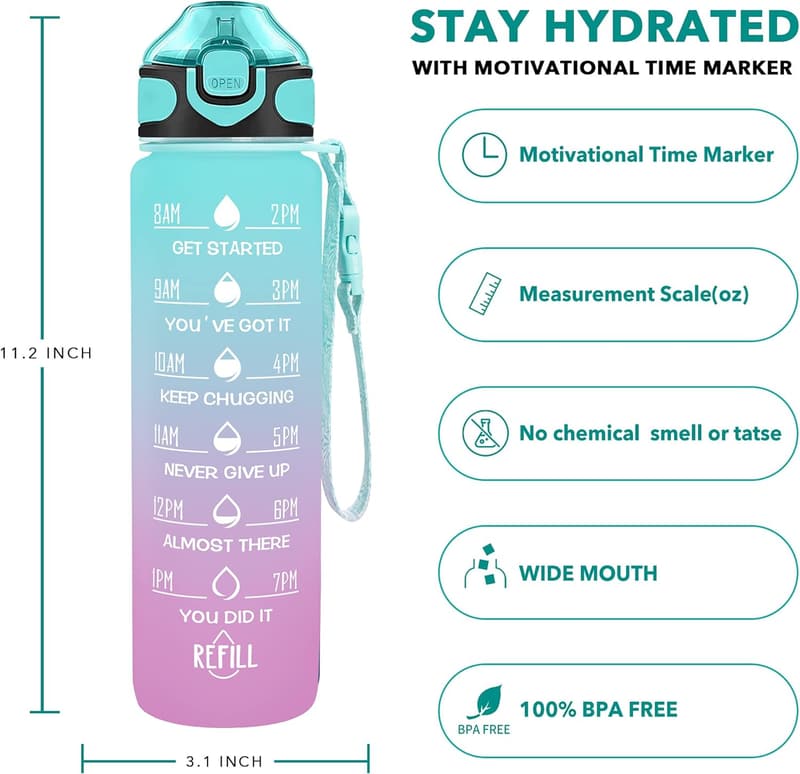 Motivational 32 oz Leakproof Water Bottle with Straw & Strap