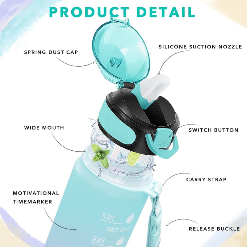 Motivational 32 oz Leakproof Water Bottle with Straw & Strap
