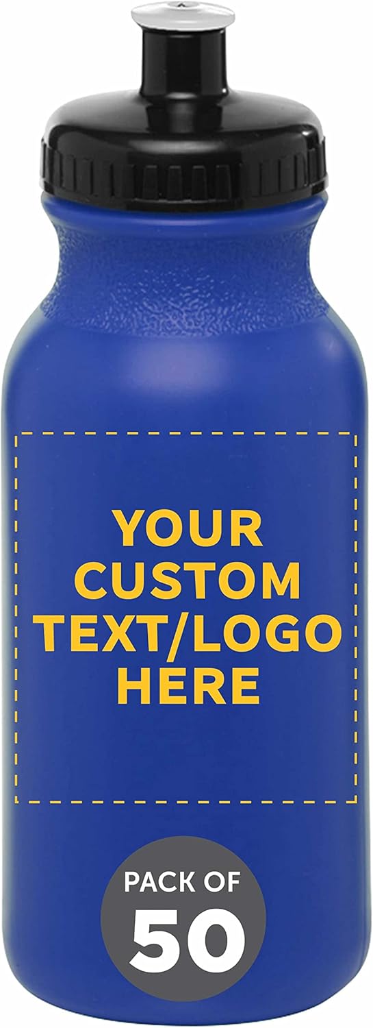 Custom 20 oz. Push Cap Water Bottles - Set of 50, Reflex Blue