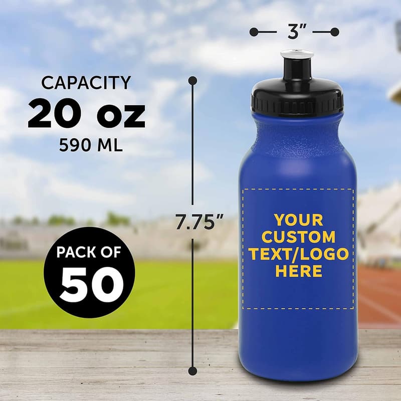 Custom 20 oz. Push Cap Water Bottles - Set of 50, Reflex Blue