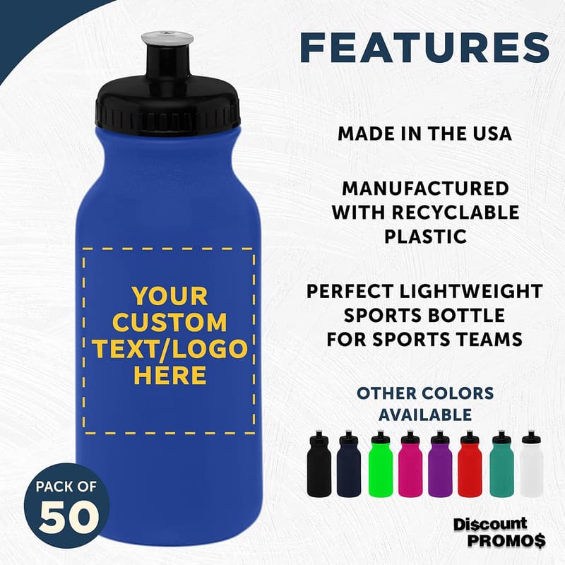 Custom 20 oz. Push Cap Water Bottles - Set of 50, Reflex Blue