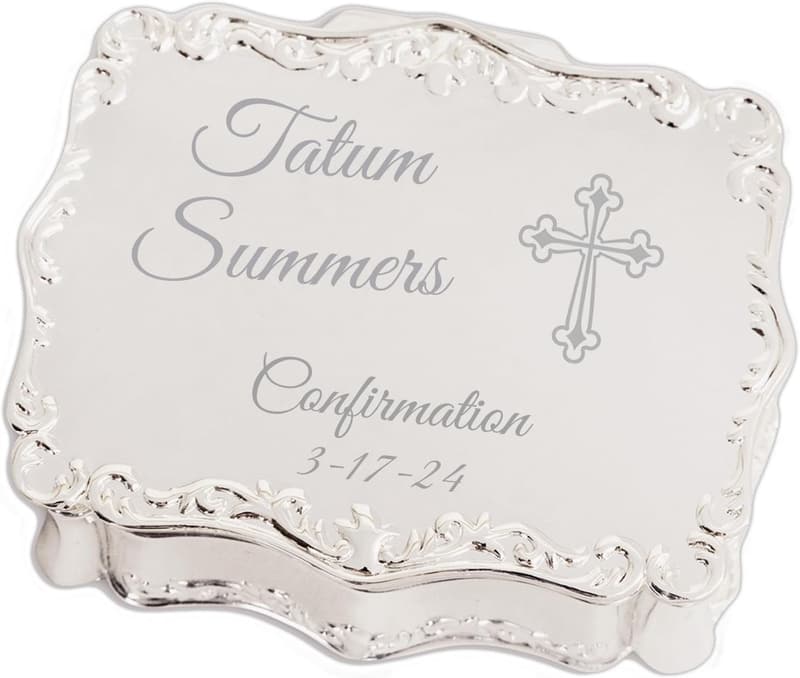 Personalized Confirmation Jewelry Box with Engraved Name - Silver