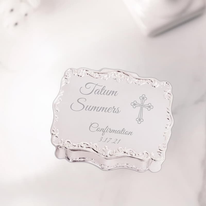 Personalized Confirmation Jewelry Box with Engraved Name - Silver