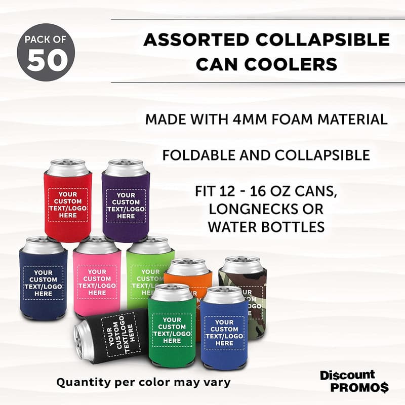 Personalized Assorted Collapsible Can Coolers - Set of 50