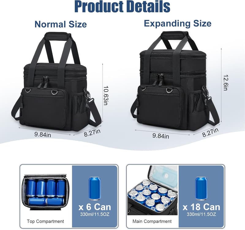 Reusable Insulated Lunch Bag for Adults - Black Cooler Tote