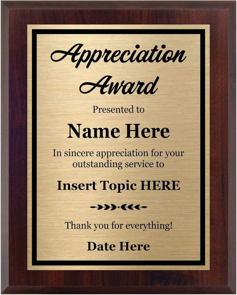 Customized 8x10 Appreciation Award Plaque for Employee Recognition