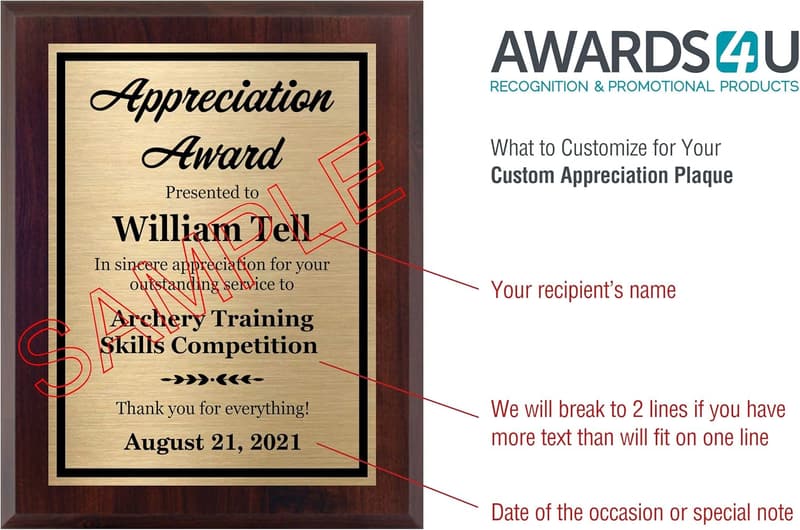 Customized 8x10 Appreciation Award Plaque for Employee Recognition