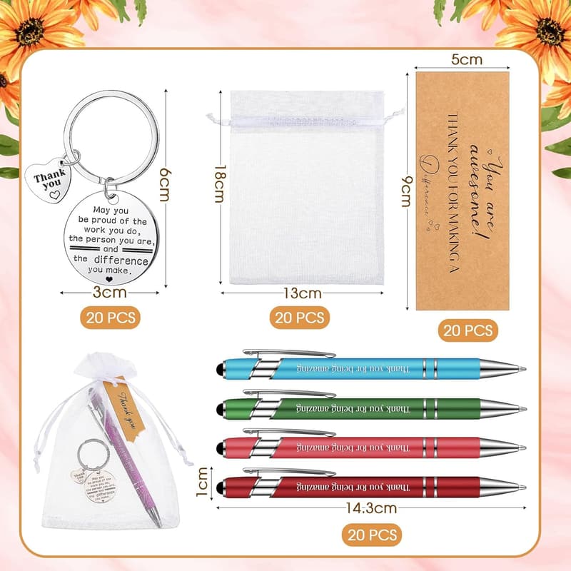 Appreciation Gift Set: 20 Inspirational Pens & Keychains