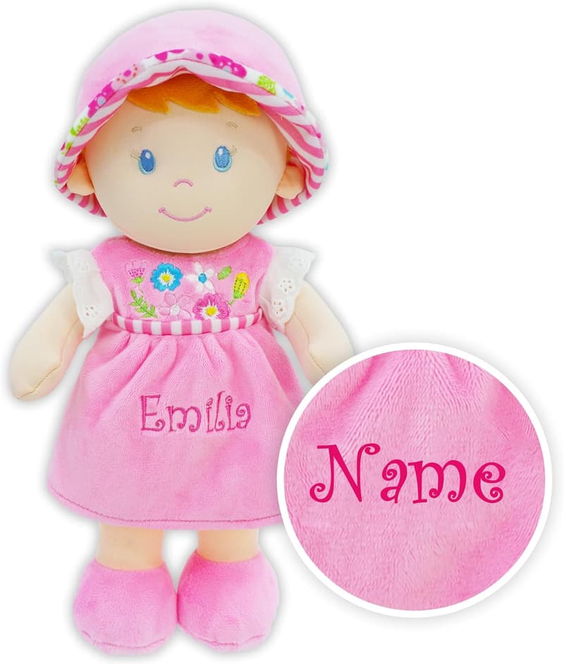 Personalized Soft Baby Doll in Pink Dress for Birthdays