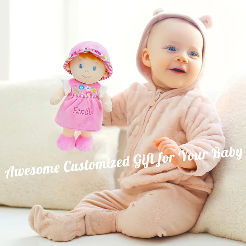 Personalized Soft Baby Doll in Pink Dress for Birthdays
