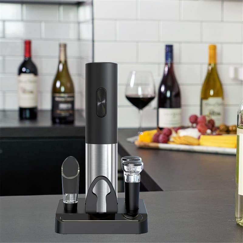 Electric Wine Opener Set with Stand - Stainless Steel, Battery Operated