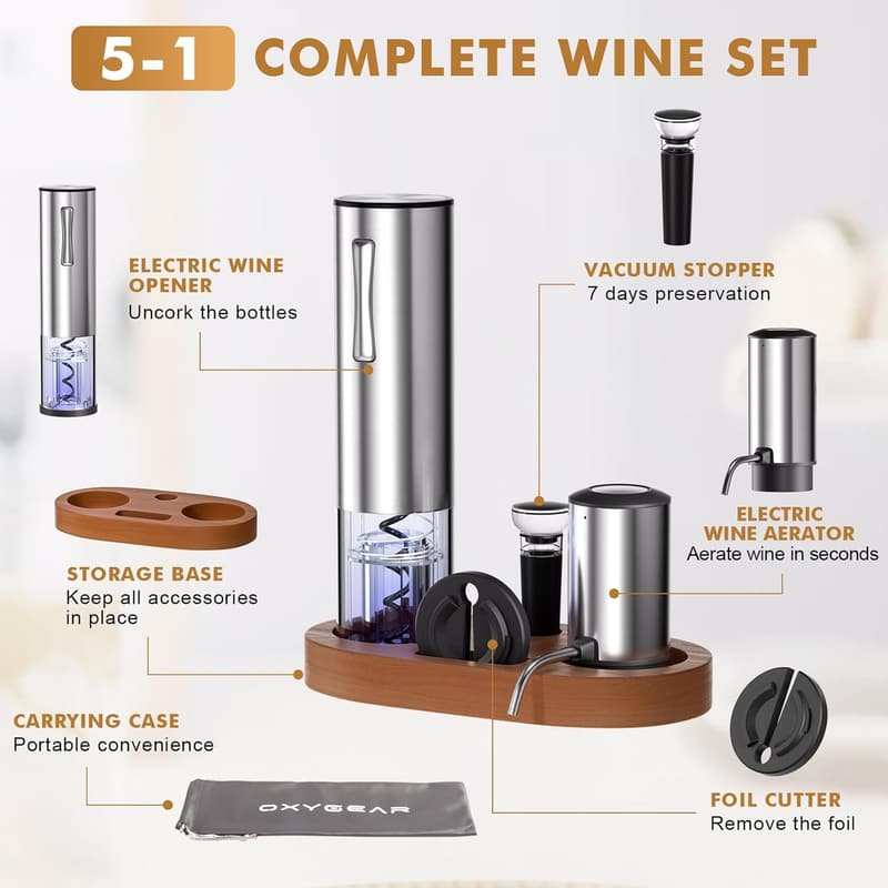 Rechargeable 5-in-1 Electric Wine Opener Gift Set for Wine Lovers