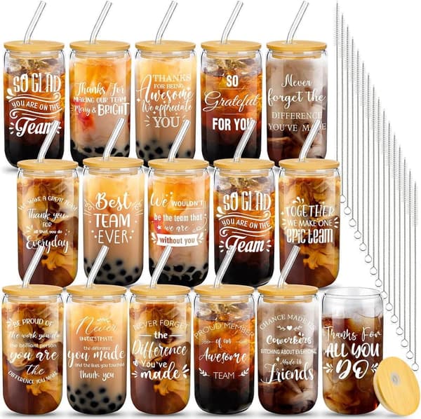 Employee Appreciation Gift Set: 16 oz Beer Glasses with Lids & Straws