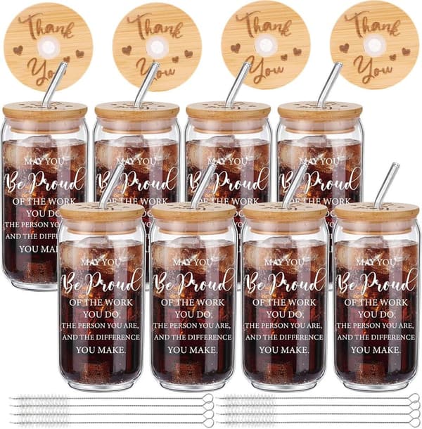 Employee Appreciation 16 oz Glass Cups with Bamboo Lids & Straws
